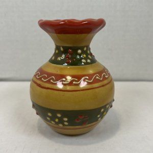 Vintage Mexico Ceramic Bud Vase 4" – Hand Painted – Gold/Green Band – Red Trim